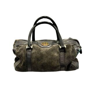 Gucci Black and olive green Leather and suede  Boston Handbag